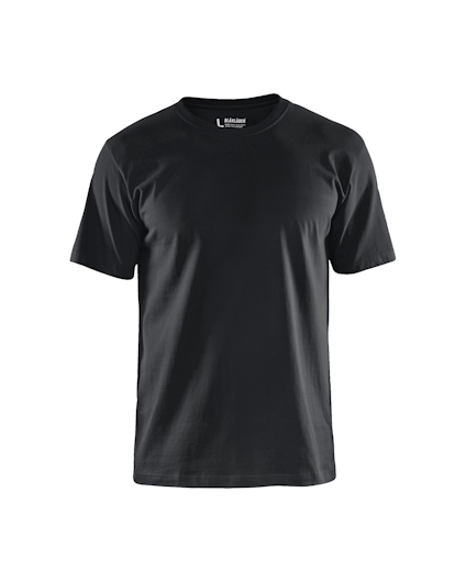 Svart t-shirt med korta ärmar och rund hals, sedd framifrån. Text "BLÅKLÄDER" synlig på insidan av kragen.