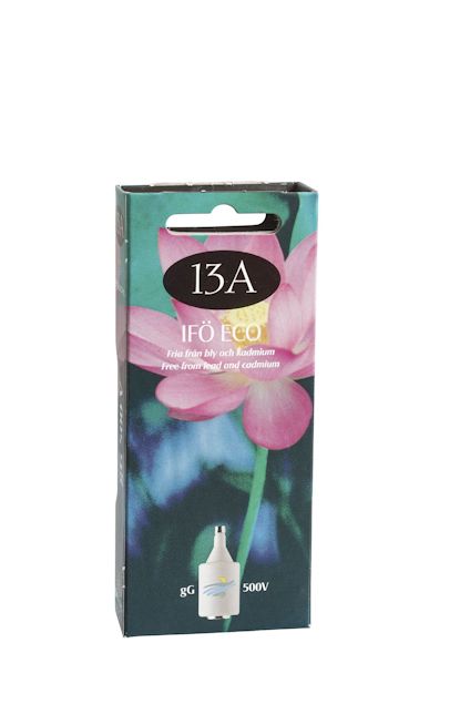 Förpackning för IFÖ Eco 13A säkring med blomsterdesign, text "Fri från bly och kadmium".