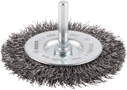 Stålborste med metallborst och skaft. Märkt med "Bosch 2 608 007 EN1083-2 Max. 4500 RPM".