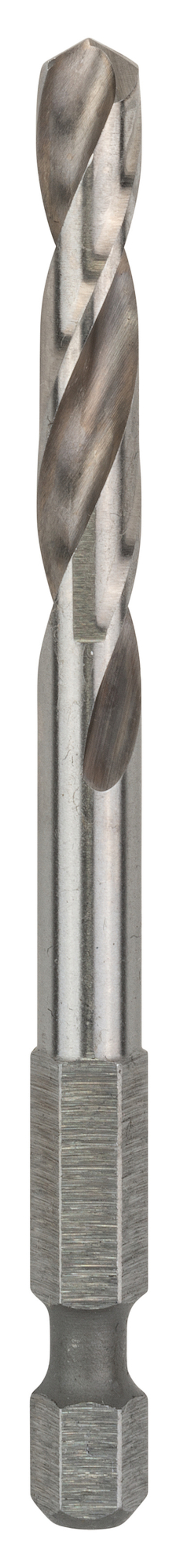 Metallborr med hexagonal fäste och spiralformad skärkant.