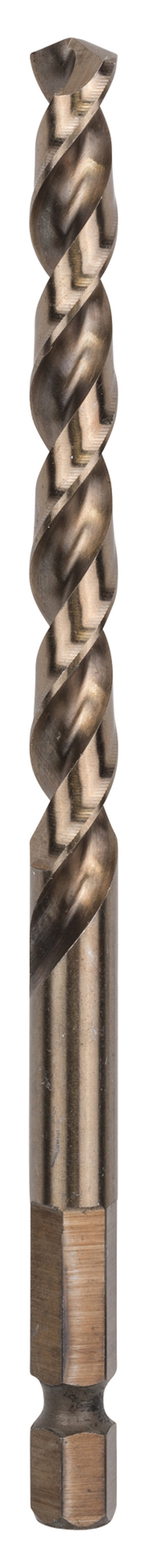 Metallborr med spiraldesign och sexkantsskaft på vit bakgrund.