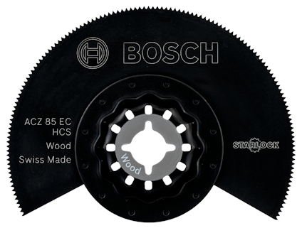 Svart sågklinga med texterna "BOSCH", "ACZ 85 EC HCS", "Wood", "Swiss Made", "STARLOCK".