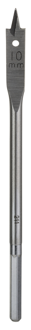 Stålborr med platt spets, märkt med "10 mm".
