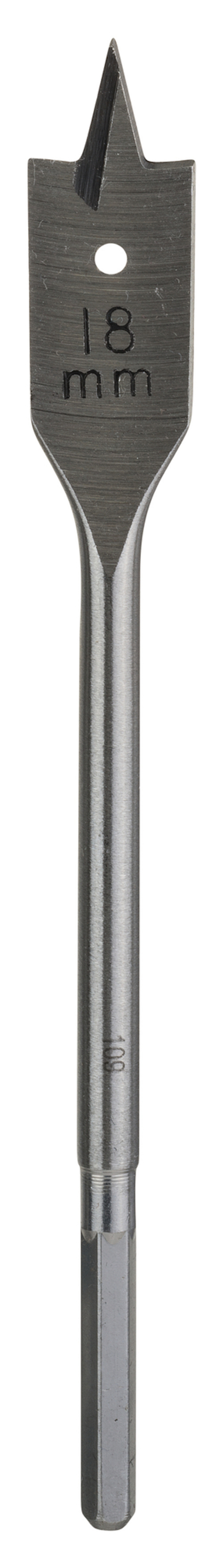 Borr med spadformad skär i metall, märkt "18 mm".