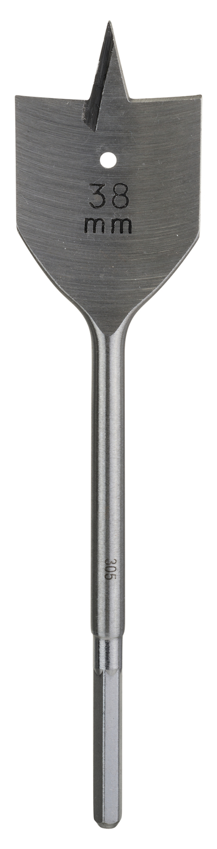 Bred träborr med spetsig kant, märkt "38 mm" på en platt del för precisionshålborrning.