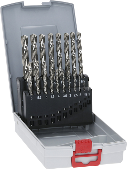 Borrlåda med metallborr i olika storlekar från 1,5 mm till 6,5 mm, förvarade i en plastförpackning.