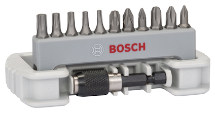 Bitssats med tio bitar och en adapter från Bosch i grå plastförpackning.