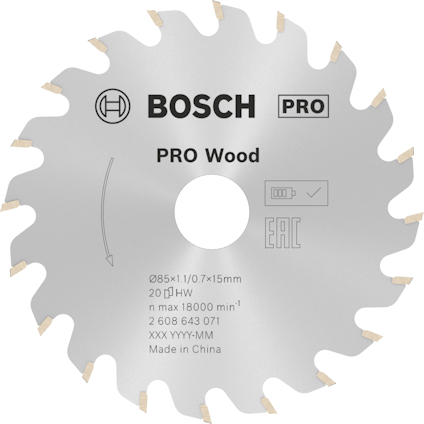 Cirkelsågklinga från Bosch Pro Wood med specifikationer och märkningar tryckta på ytan.