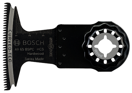 Sågblad från Bosch, modell AIM 65 BSPC, för hårdträ. Swiss Made, svart färg med tandad kant.
