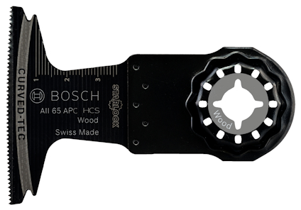 Svart sågblad med text: "Bosch, All 65 APC HCS, Wood, Swiss Made". Starlock-fäste synligt.