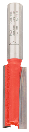 Metallisk fräsbit med rött belagt skärhuvud och silverfärgat skaft, detaljerad text på skaftet.