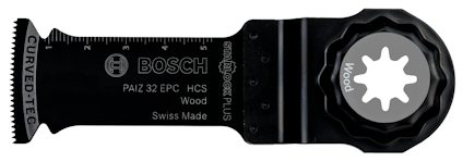 Borrklinga för trä, Bosch Curved Tec, svart, text: "PAIZ 32 EPC HCS Wood Swiss Made".