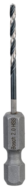 Borrskärp i metall med texten "Bosch 2.0 HSS" på skaftet, spiralformad spets, sexkantigt fäste.