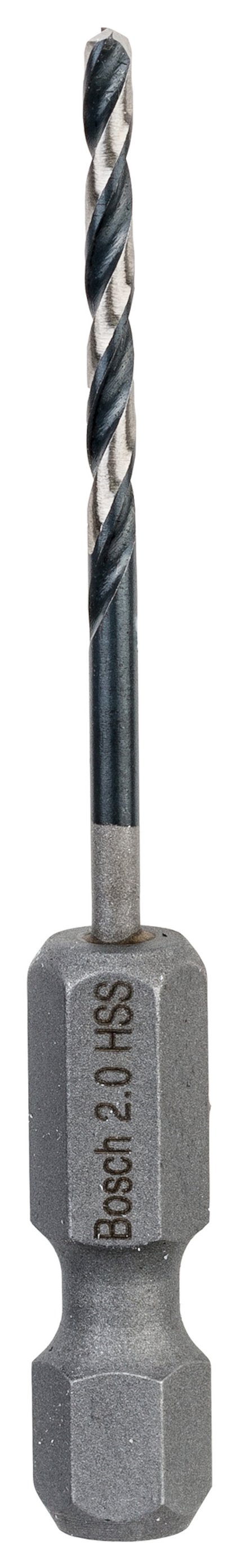 Borrskärp i metall med texten "Bosch 2.0 HSS" på skaftet, spiralformad spets, sexkantigt fäste.