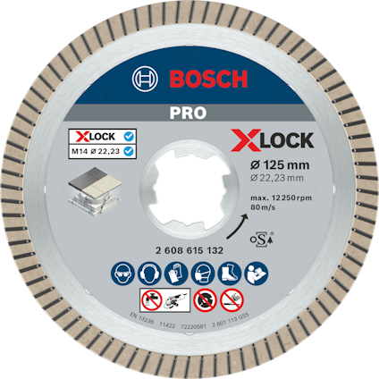 Rundt kapskiva från Bosch med text "PRO X-LOCK", diameter 125 mm, max hastighet 12250 rpm, säkerhetsikoner längs nedre kanten.
