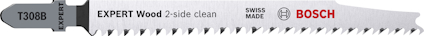 Sticksågblad märkt "EXPERT Wood 2-side clean", Bosch. Text "T308B", "EXPERT", "SWISS MADE".