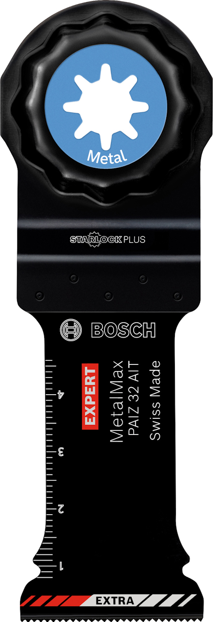 Oscillerande sågklinga med märke Bosch. Innehåller text "Metalmax PAIZ 32 AT Swiss Made".