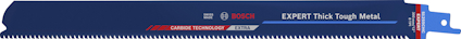 Svart-metallisk sågklinga med texten "Bosch EXPERT Thick Tough Metal."