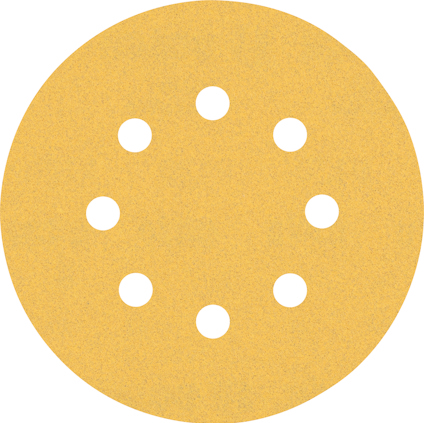 Rund gul slippapperskiva med åtta jämnt fördelade hål.