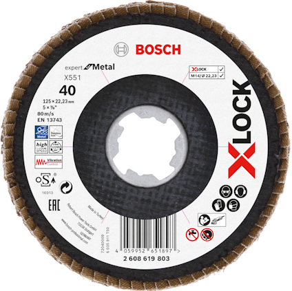Rund slitskiva för metall, Bosch X-LOCK, 125x22,23 mm, P40. Olika säkerhetssymboler och streckkod synliga.