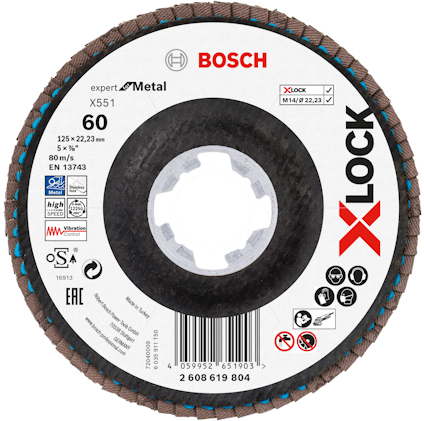 Sliprondell Bosch X-LOCK för metall, kornstorlek 60, diameter 125 mm, maxhastighet 80 m/s. Art. nr. 2 608 619 804.