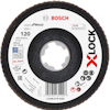 Rund kapskiva med Bosch och X-LOCK-logotyp, specifikationer för metallslipning: 125 mm, 120 korn, EN 13743.