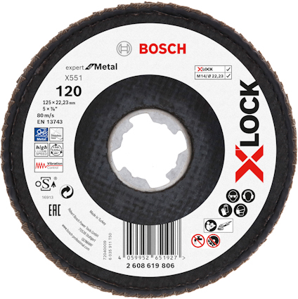 Rund kapskiva med Bosch och X-LOCK-logotyp, specifikationer för metallslipning: 125 mm, 120 korn, EN 13743.