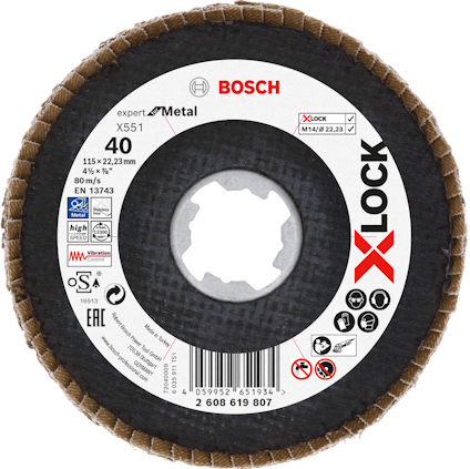 Slipskiva med Bosch-logga och X-LOCK-märkning. Text: "expert Metal, 115x22,23mm, 40 grit, EN 13743".