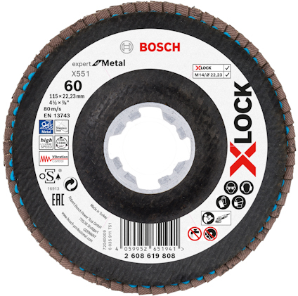 Slipskiva Bosch Expert Metal X551, 115 x 22,23 mm, 60 korn, X-lock, hög hastighet 80 m/s, för metallbearbetning.