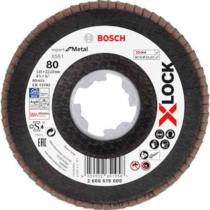 Sliprondell Bosch Expert Metal X-LOCK 115x22,23mm, korn 80, max 13 300 rpm, 80m/s, EN 13743.