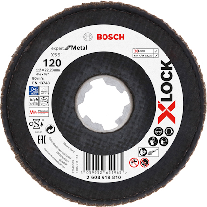 Sliprondell, Bosch, X-LOCK, Expert for Metal, 115x22,23 mm, korn 120, EN 13743.