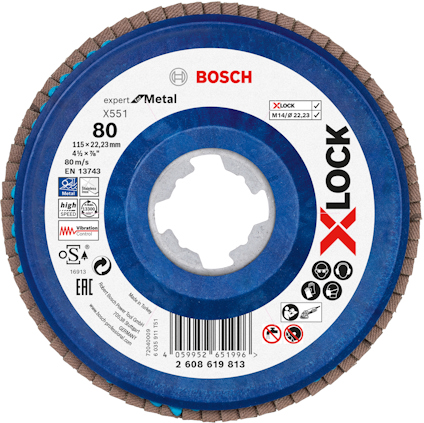 Sliprondell Bosch X-LOCK, expert for metal, grit 80, 115 mm diameter, med diverse certifieringssymboler och textdetaljer.