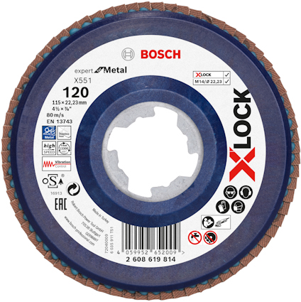 Rund sliprondell med Bosch och X-LOCK logotyper, 120 grit, för metall. Mått: 115x22,23 mm, maxhastighet: 80 m/s.