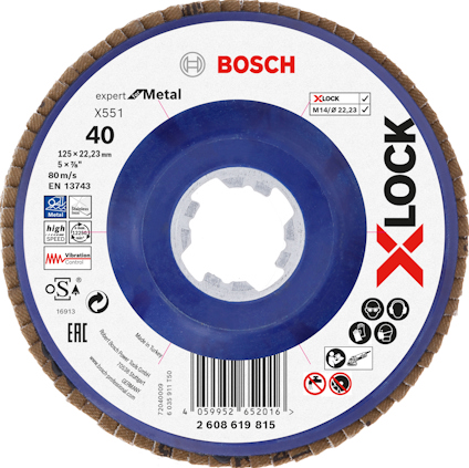 Sliprondell med Bosch och X-LOCK logotyper, märkning 40, 125 x 22,23 mm, Expert for Metal X551, EN 13743.