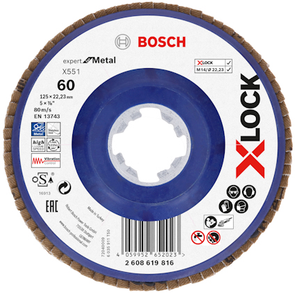 Boskapskiva Bosch Expert Metal X-Lock X551, 125x22,23 mm, 60 grit, rotationshastighet 80 m/s.