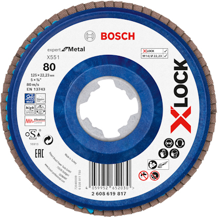 Sliptrissa med "XLOCK" logga, Bosch märke, modell X551, diameter 125x22,23 mm, för metall, hastighet 80 m/s, korngrovlek 80.