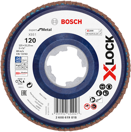 BOSCH X-LOCK slipskiva för metall, 120 korn, 125x22,23 mm, maxhastighet 80 m/s.
