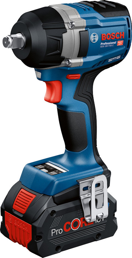 Sladdlös blå slagborr med Bosch-logga, svart och röd detaljering, ProCORE18V-batteri.