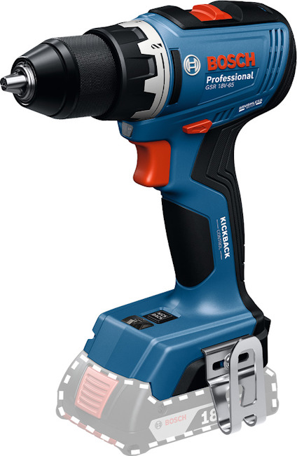 Sladdlös borrmaskin med Bosch-märke, blå och svart med röda detaljer.