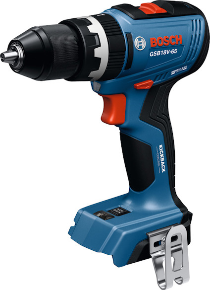 Sladdlös Borra GSR18V-65 Bosch i blått och svart med orange tryckknapp och metallklämma.