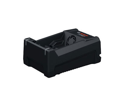 Svart batteriladdare med röd och vit text ovanpå, designad för ett specifikt verktygsbatteri.