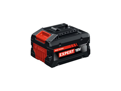 Svart och rött Bosch Expert 18V laddningsbart batteri, kompakt design med rött låsfäste.