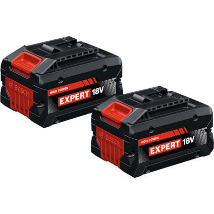 Två svarta och röda Bosch Expert 18V batteripack med texten "HIGH POWER" och "6.0 Ah".