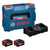Blå Bosch verktygslåda med logotyp, två 18V batterier och laddare.