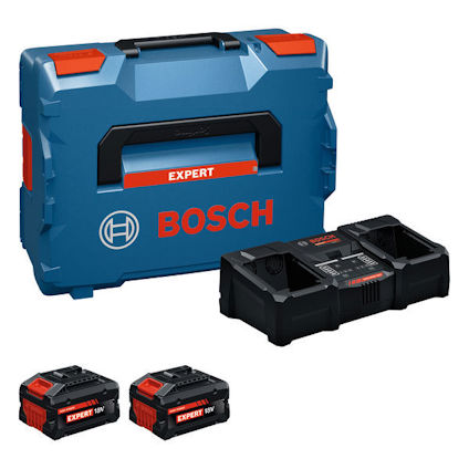 Blå Bosch verktygslåda med logotyp, två 18V batterier och laddare.