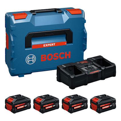 Blå Bosch Expert förvaringslåda med fyra 18V batterier och en laddare.