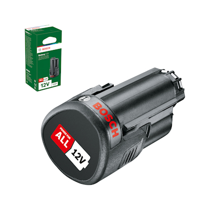 Svart 12V Bosch-batteri med röd "Power for All" text. Förpackning med samma batteri i bakgrunden.