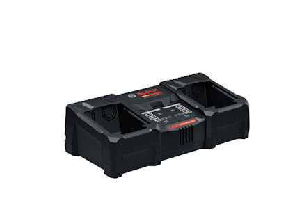 Svart Bosch laddstation för batterier med två fack och en LED-statusindikator på framsidan.