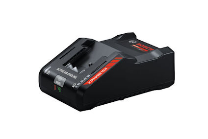 Svart Bosch-laddare för litiumjonbatterier med röda och vita detaljer, modell GAX 18V-30.
