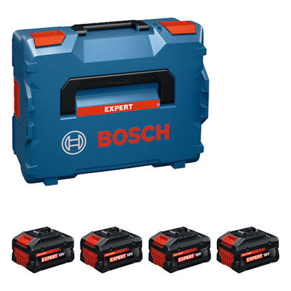 Blå Bosch verktygslåda märkt "EXPERT" med fyra 18V batterier framför.